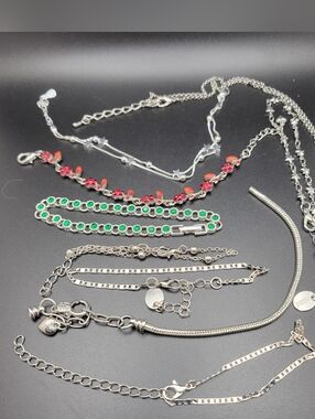 Bundle Lot Rhinestone Necklaces Red Flower Green Crystal Silver Tone